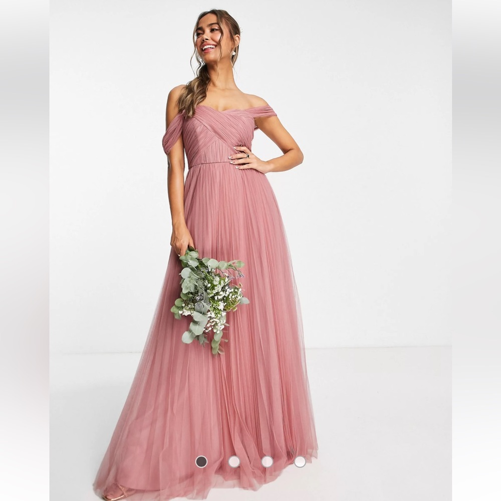 ASOS DESIGN off shoulder tulle maxi dress w/ tie back and pleated skirt in rose